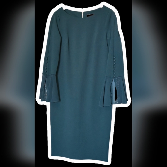 Calvin Klein Forest Green Chiffon Bell Sleeve Sheath Dress - Size 10 - Picture 5 of 12